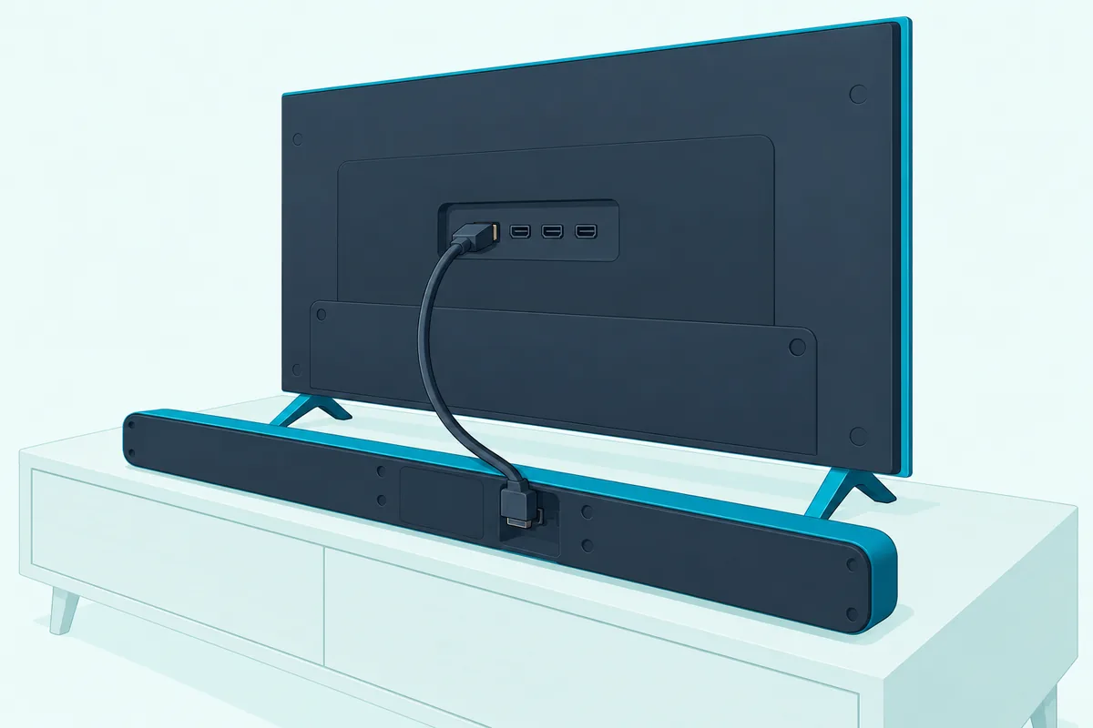 HDMI cable plugged into the back panel of a TV running down to a long soundbar on a console below