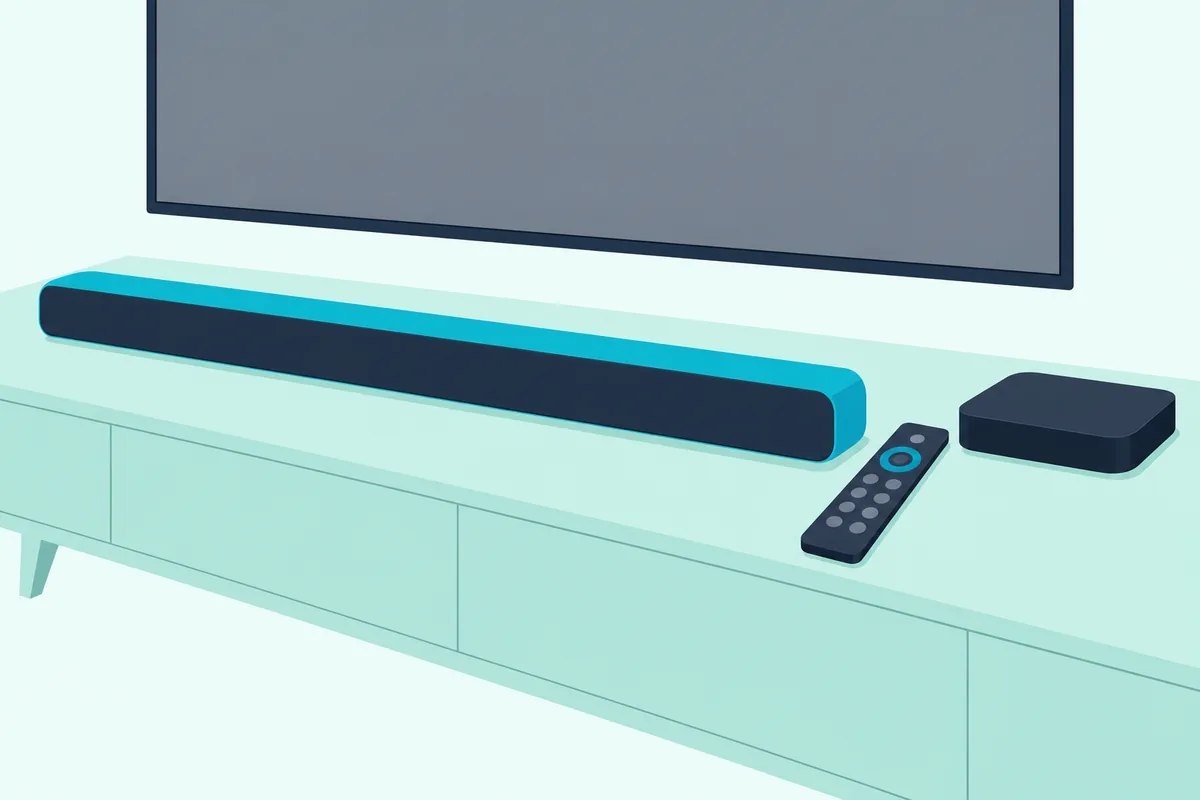 Black cable remote resting on a wooden TV stand beside a cable box and a slim soundbar, a blank TV above