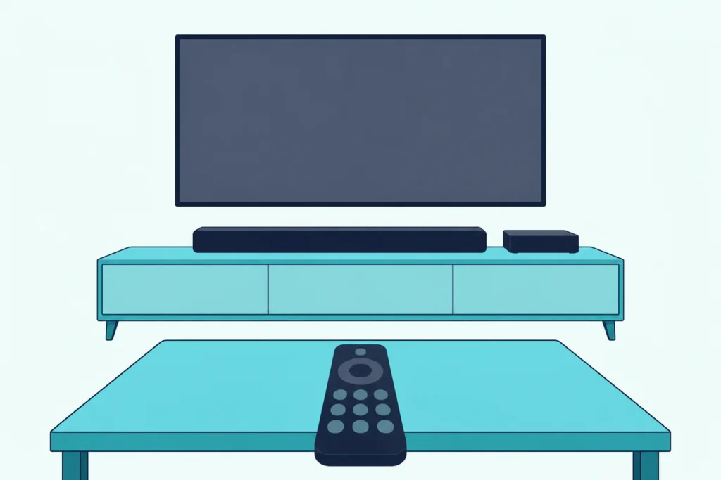 Black cable remote on a coffee table, aimed at a wall TV with a blank screen, a soundbar and a cable box on a console below