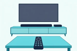 Black cable remote on a coffee table, aimed at a wall TV with a blank screen, a soundbar and a cable box on a console below