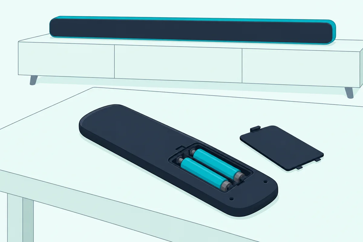 Black cable remote with its battery cover off lying on a coffee table, a slim soundbar on a cabinet behind it