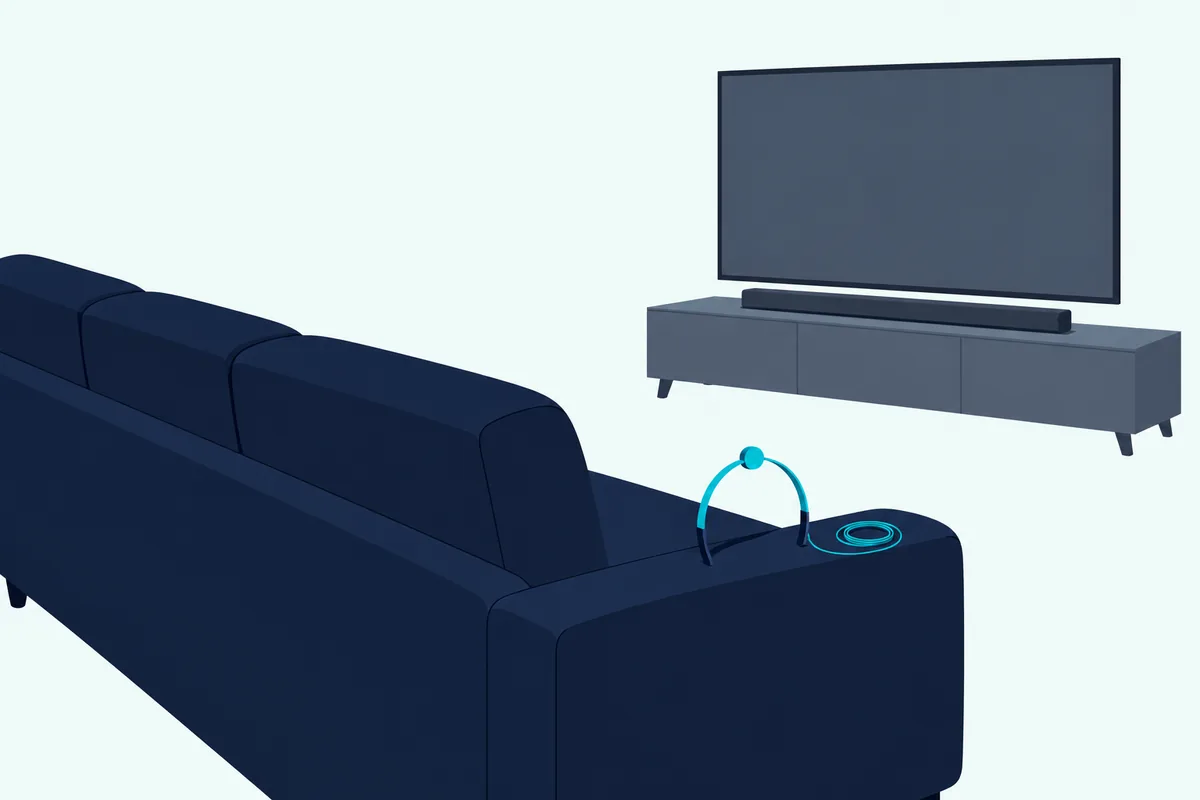 Small calibration headset with a microphone on top resting on the arm of an empty sofa facing a soundbar