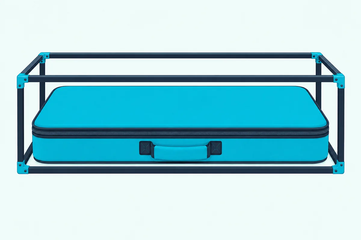 A carry-on bag sizer frame with a flat padded controller case resting inside it