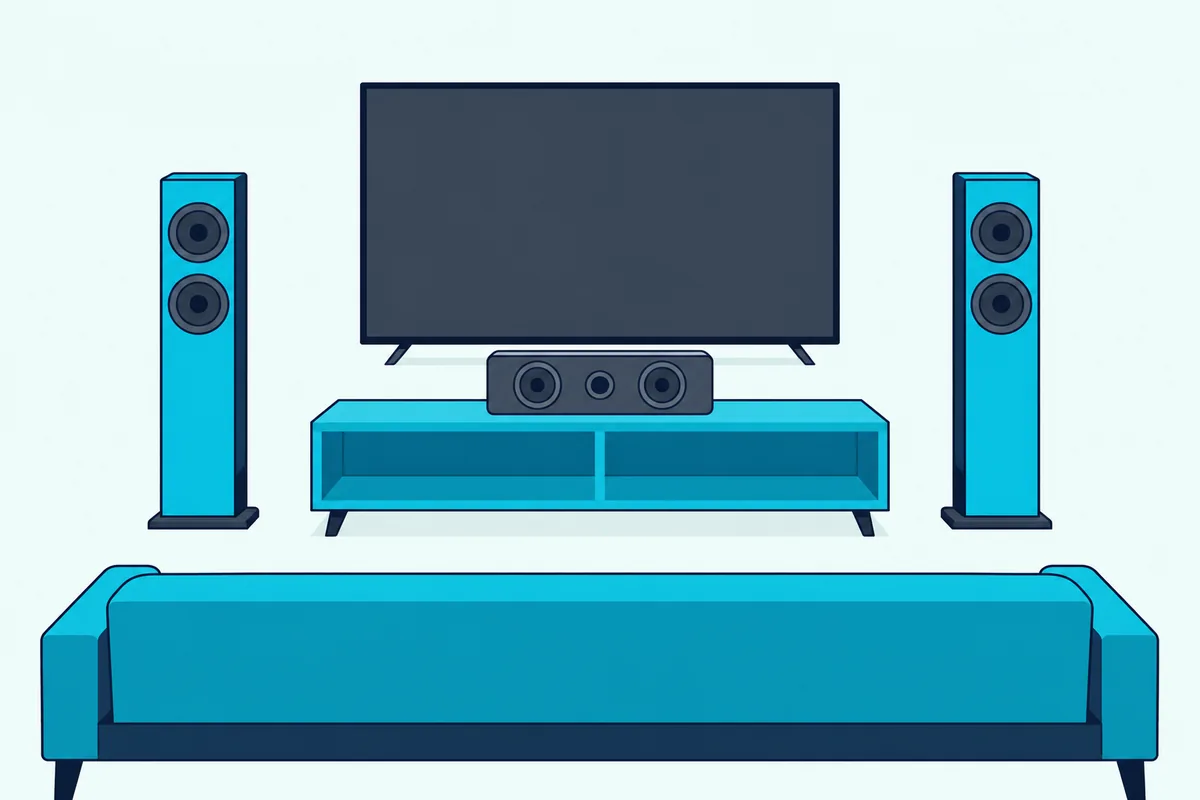 Center channel speaker on a low TV stand below a flat TV, between two floorstanding speakers, with the couch in front