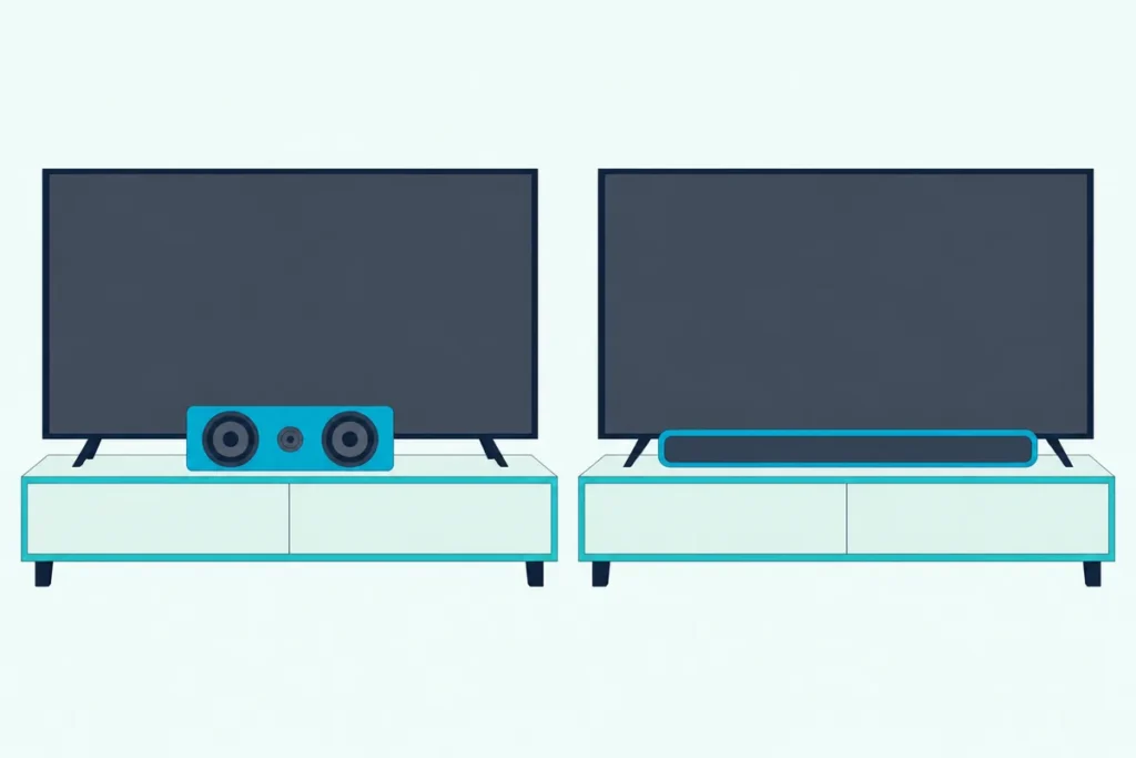 Center channel speaker under one TV beside a soundbar under a second TV, shown side by side for comparison