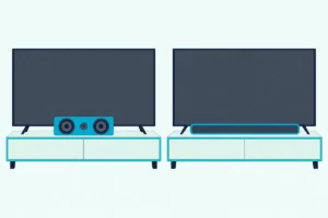 Center channel speaker under one TV beside a soundbar under a second TV, shown side by side for comparison