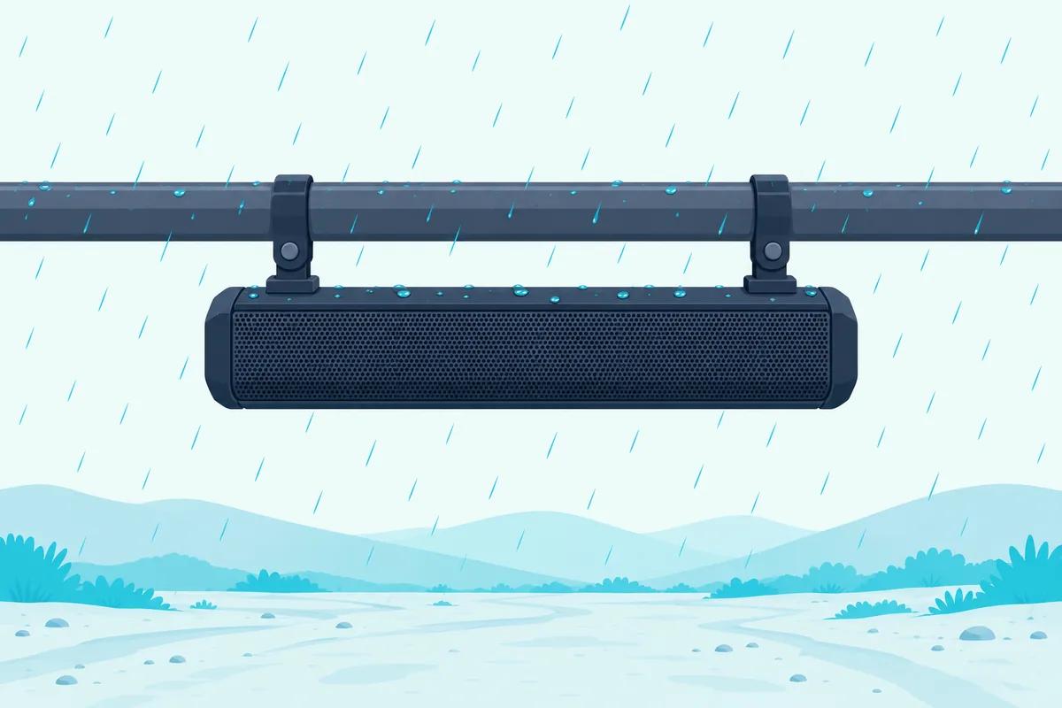 Compact clamp-on sound bar mounted on a UTV roll bar with light rain falling on an off-road trail