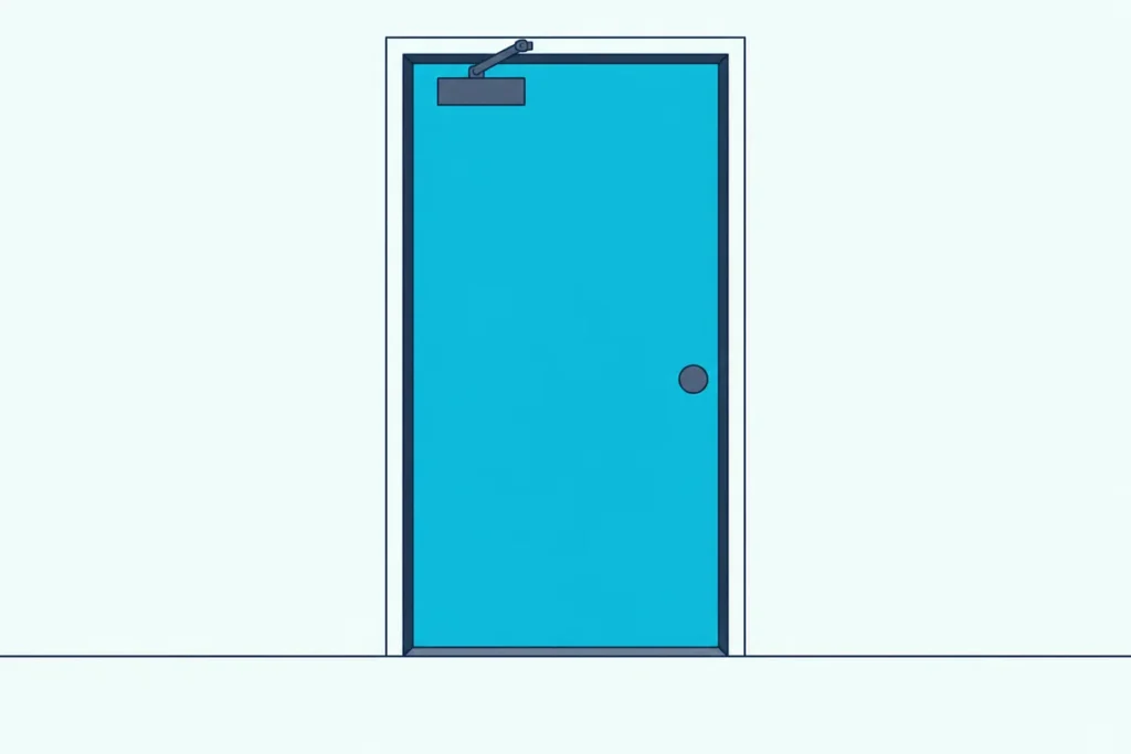 Closed apartment entry door seen from inside, with an overhead closer, a sealed frame and a threshold