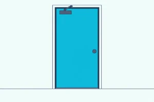 Closed apartment entry door seen from inside, with an overhead closer, a sealed frame and a threshold