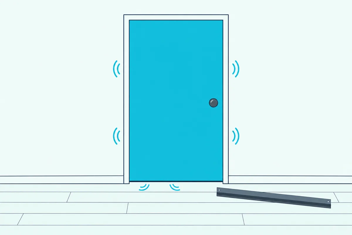 Closed bedroom door with sound waves escaping through the gap at the bottom, a door sweep lying on the floor beside it