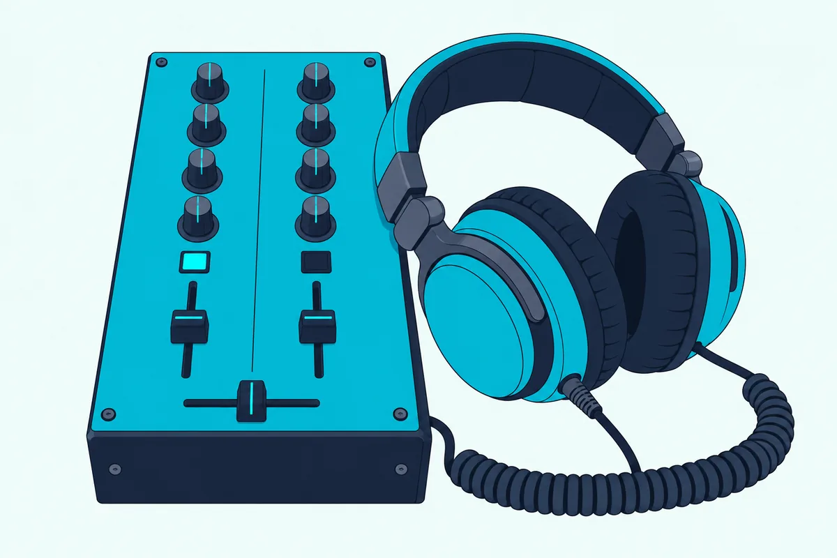 Closed DJ headphones resting on the corner of a two-channel DJ mixer beside its two vertical channel faders