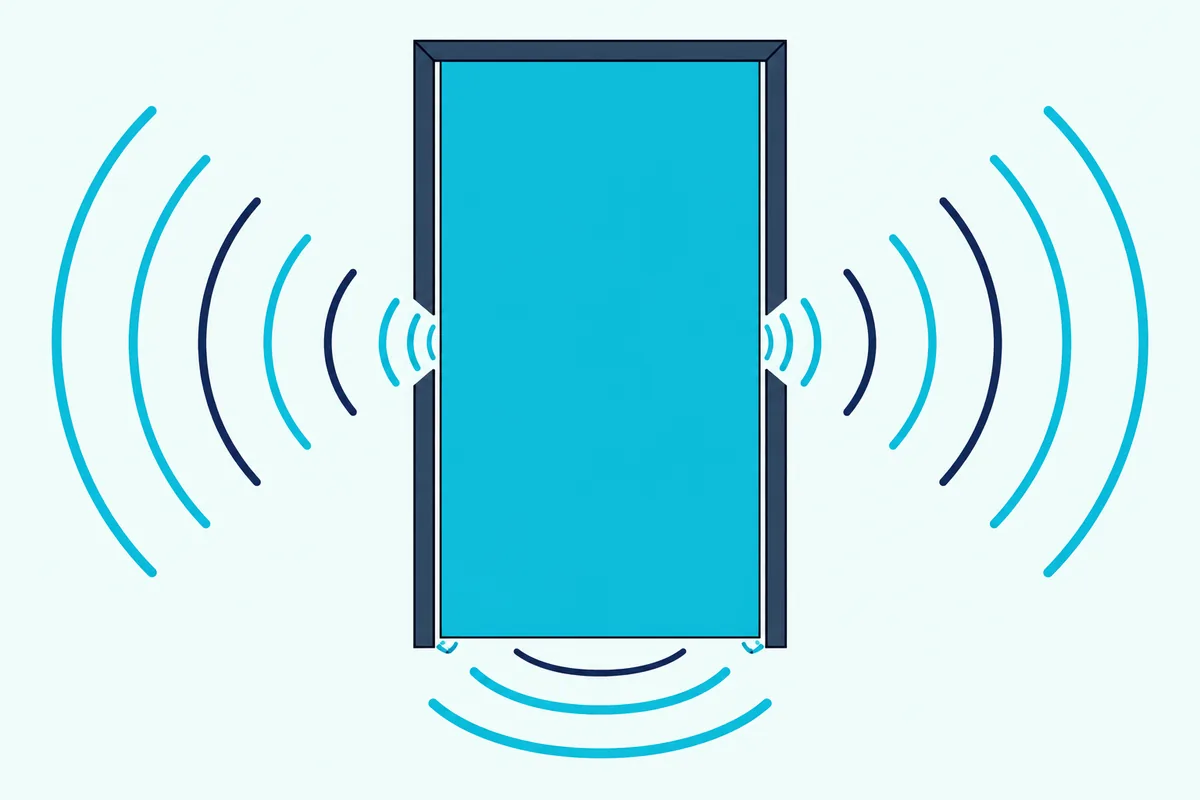 A closed door with sound waves passing through the gaps at its bottom and sides but not through the panel