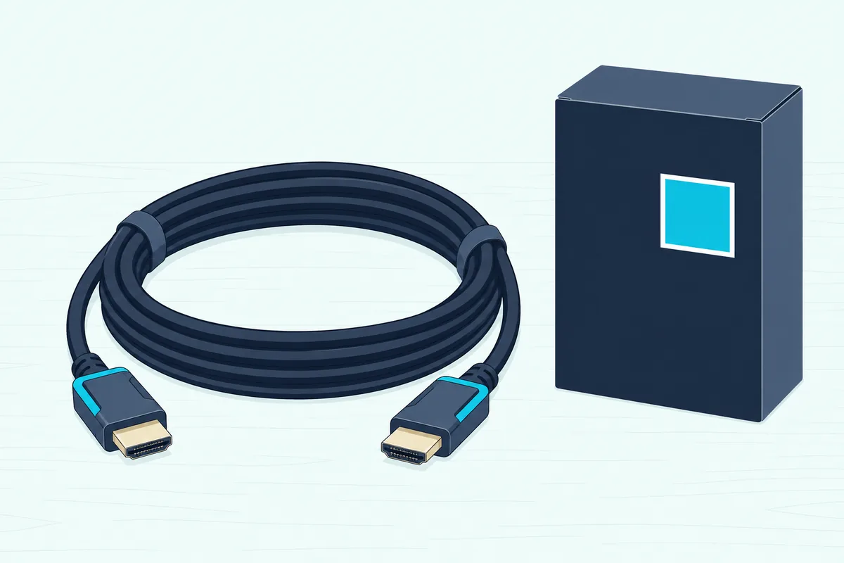 Coiled black HDMI cable beside its small box with a blank square sticker on the front