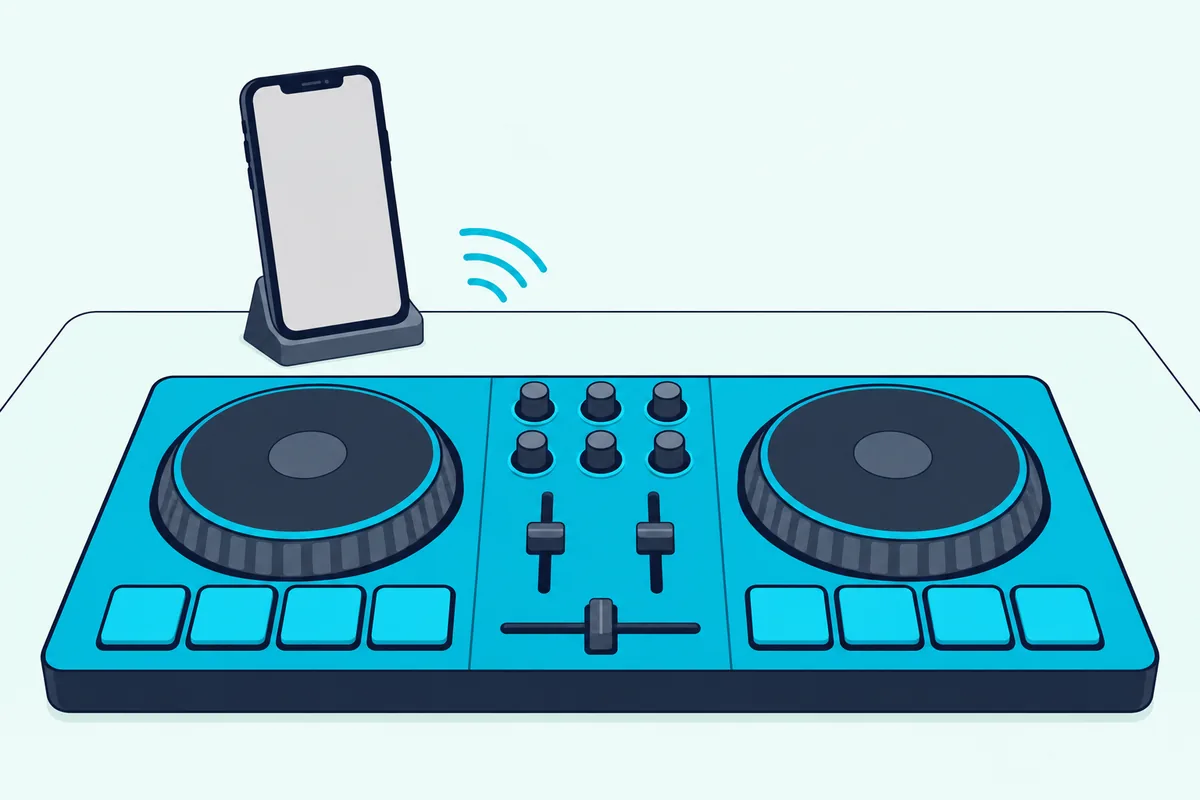 Compact two-deck DJ controller on a table beside a smartphone standing on a small stand, with no cables between them