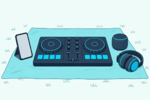 Compact DJ controller on a picnic blanket beside a phone on a stand, a small portable speaker and headphones