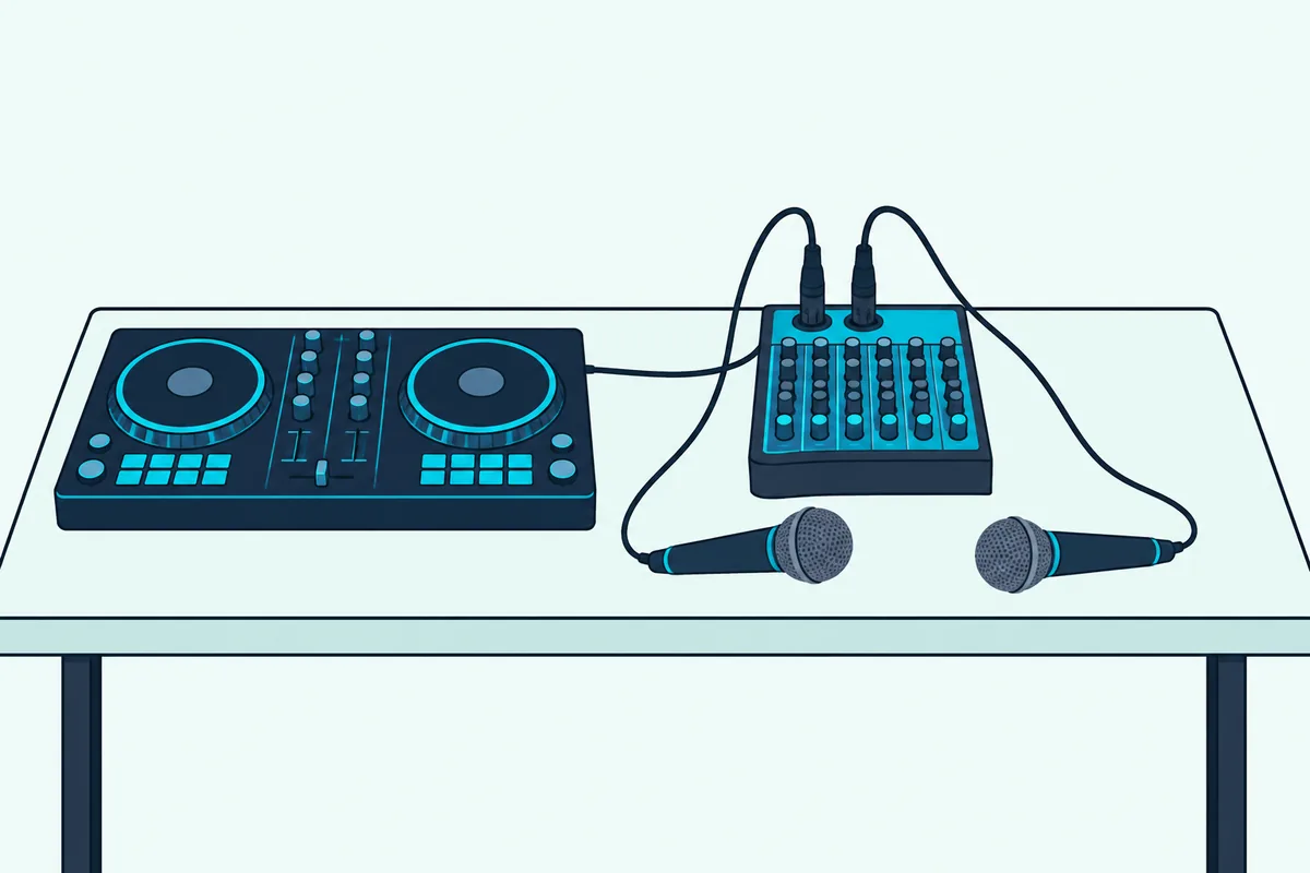 A compact live sound mixer with two microphones on XLR cables and a DJ controller cabled to one of its line inputs