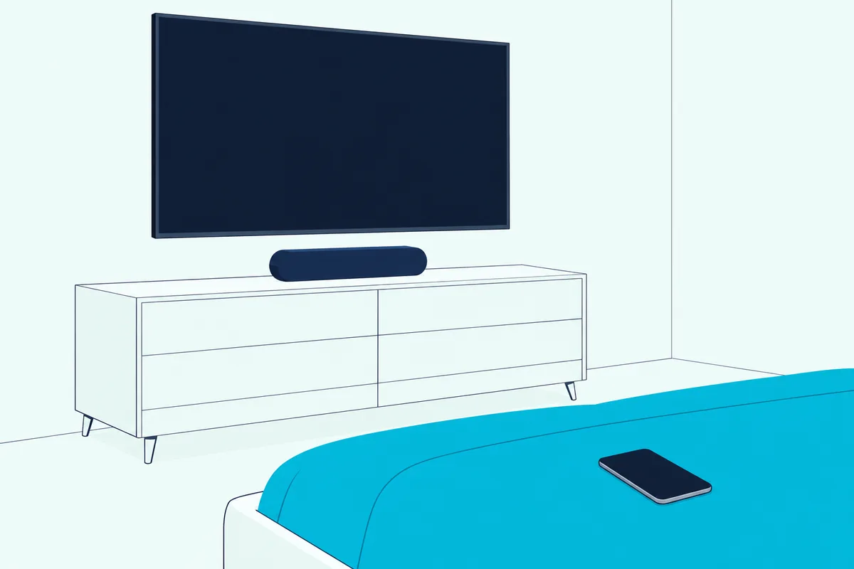 Compact soundbar on a white dresser under a blank wall-mounted TV in a small bedroom with a phone resting on the bed