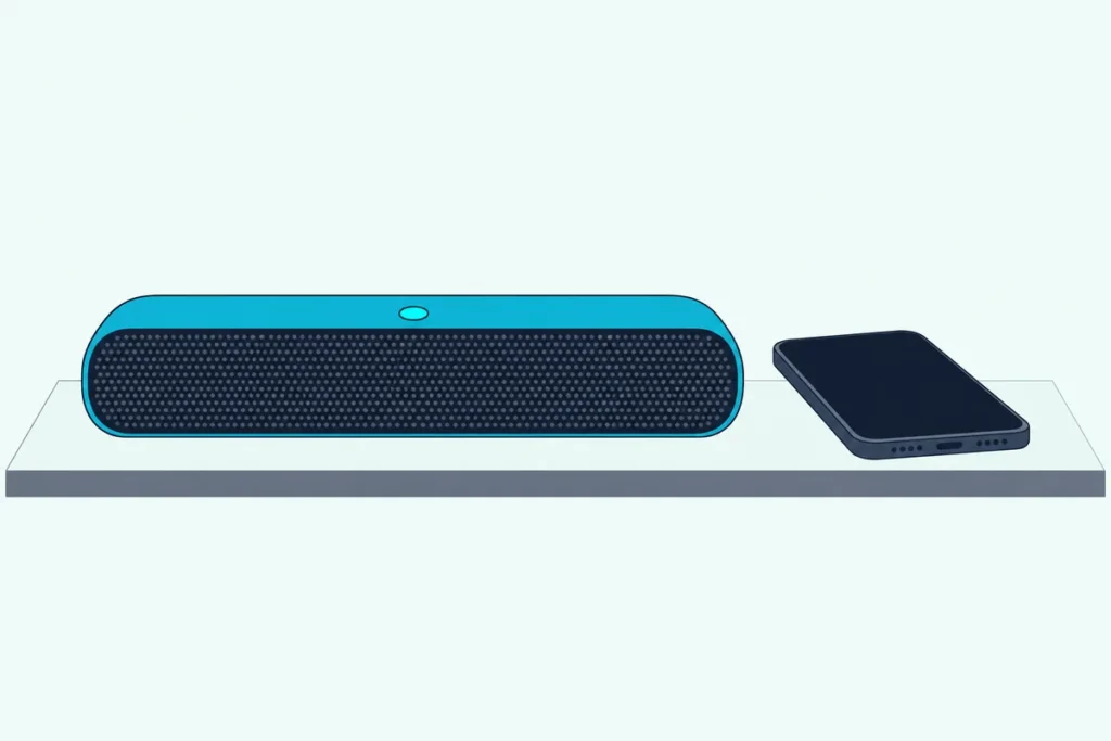 A compact soundbar on a shelf with a lit pairing button on top and a smartphone lying beside it