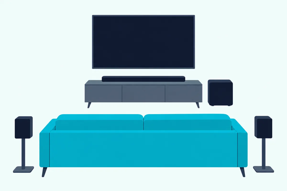 Compact black soundbar under a blank wall-mounted TV with a cube subwoofer and two small rear speakers behind a sofa