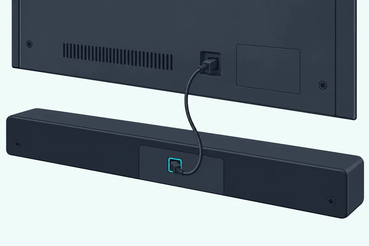 Optical audio cable with square plugs running from the back of a TV to the back of a long soundbar