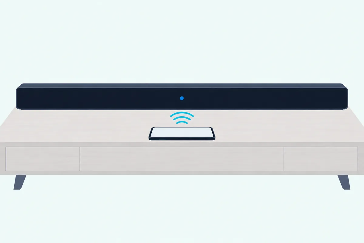 Long soundbar with a glowing blue status light next to a smartphone with a blank screen and wireless arcs between them