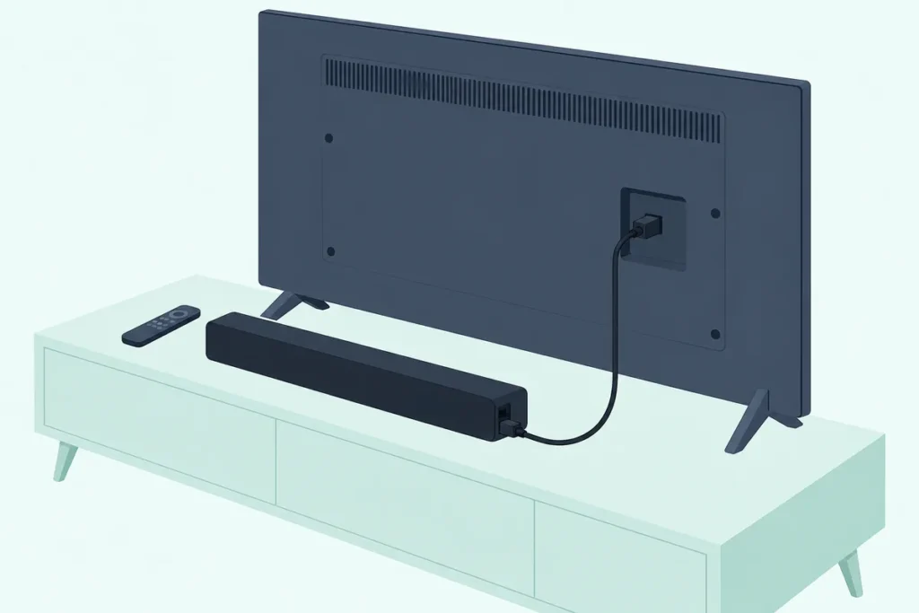Slim soundbar on a TV stand with one cable running from its back panel to a port on the back of the TV