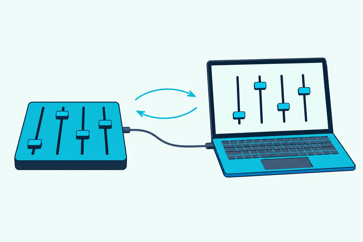 A control surface and a laptop joined by a cable with arrows pointing both ways