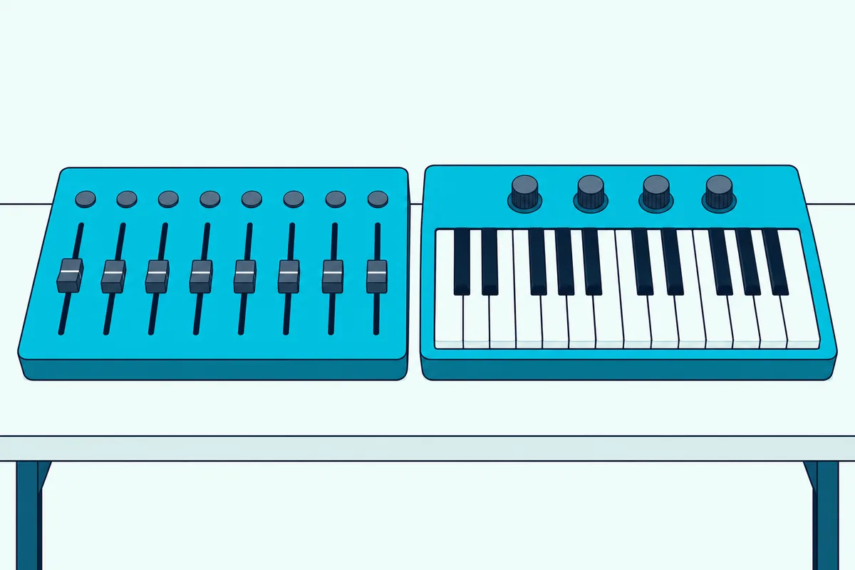 A control surface with eight faders beside a two-octave music keyboard with four knobs