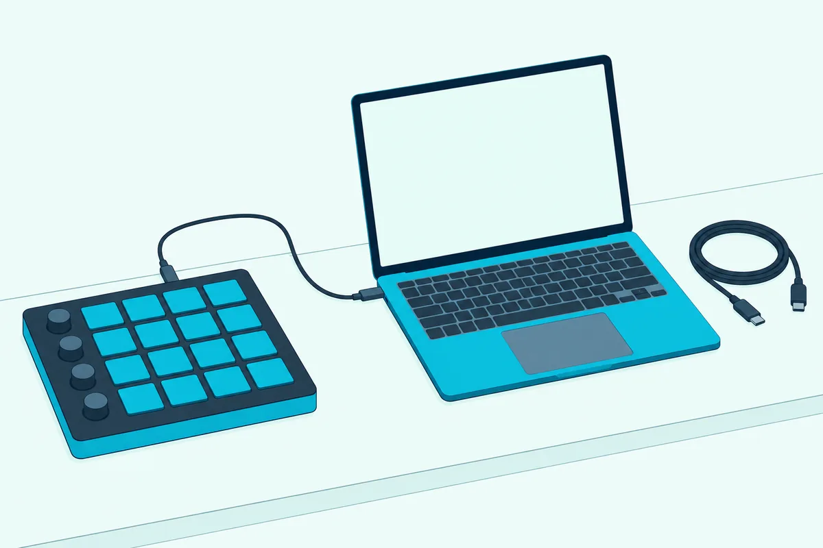 A pad controller cabled to a laptop with a spare coiled cable beside them