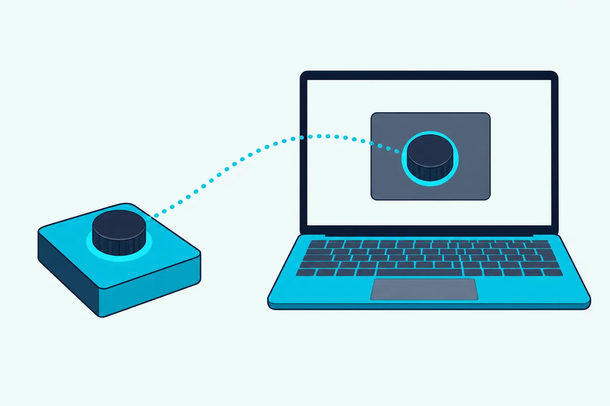A controller knob linked by a dotted line to a matching plug-in knob on a laptop