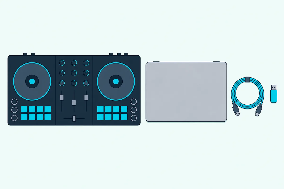A DJ controller, laptop, coiled cable and USB drive laid out in a row before packing