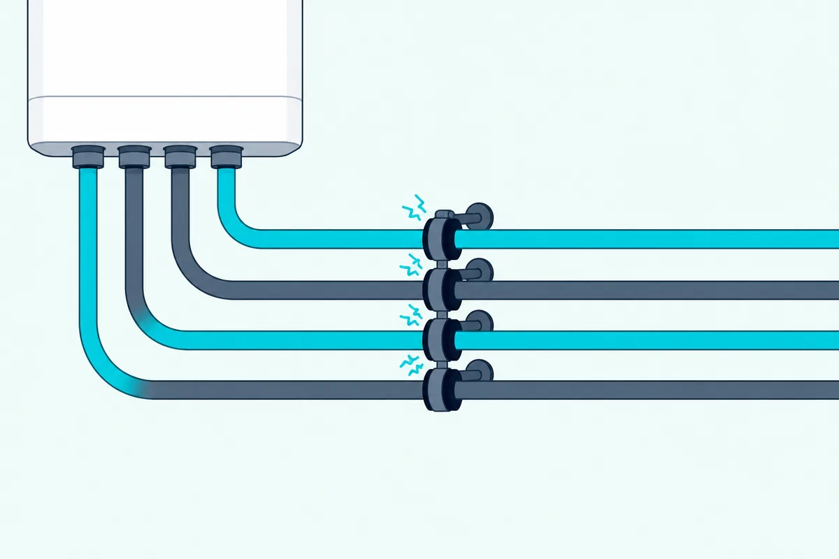 Heating pipes held off a wall by rubber-lined clips beside a wall-hung boiler, vibration lines stopping at the clips