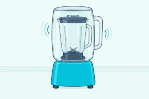 Countertop blender with a clear sound shield over its jar, standing in the middle of a kitchen counter away from the wall