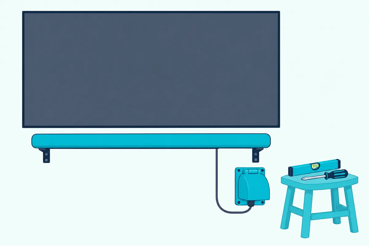 Outdoor TV on a covered patio wall with a soundbar on brackets below and an outlet with a weatherproof cover