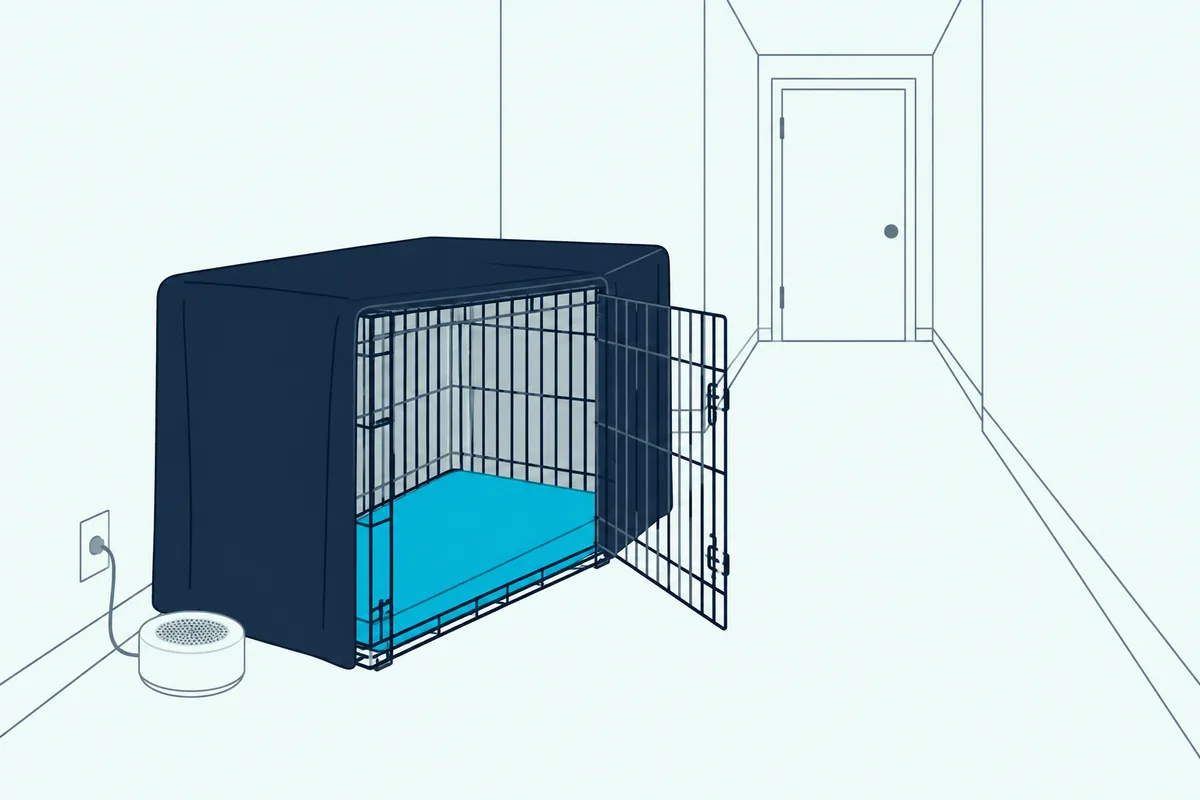 A covered wire dog crate in a windowless inside hallway with a small white noise machine on the floor beside it