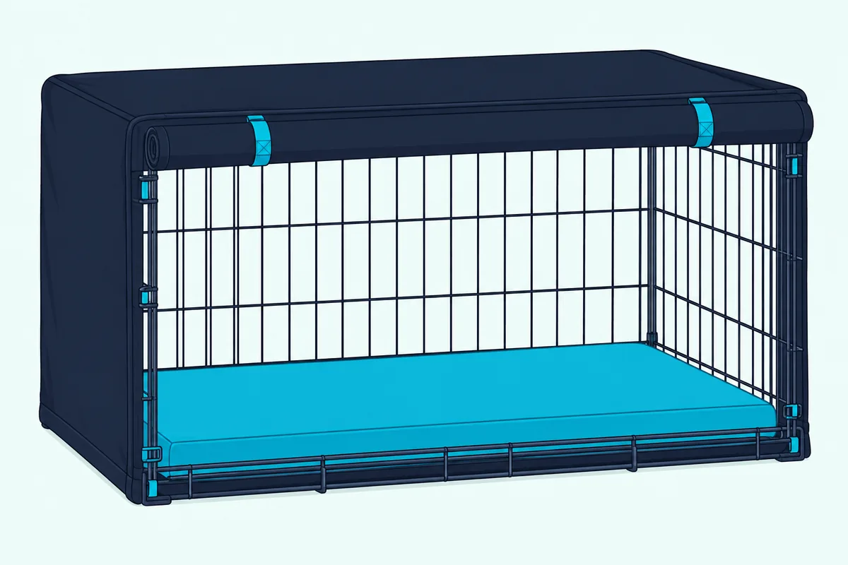A wire dog crate under a dark fabric cover with one side panel rolled up and fastened on top to let air in