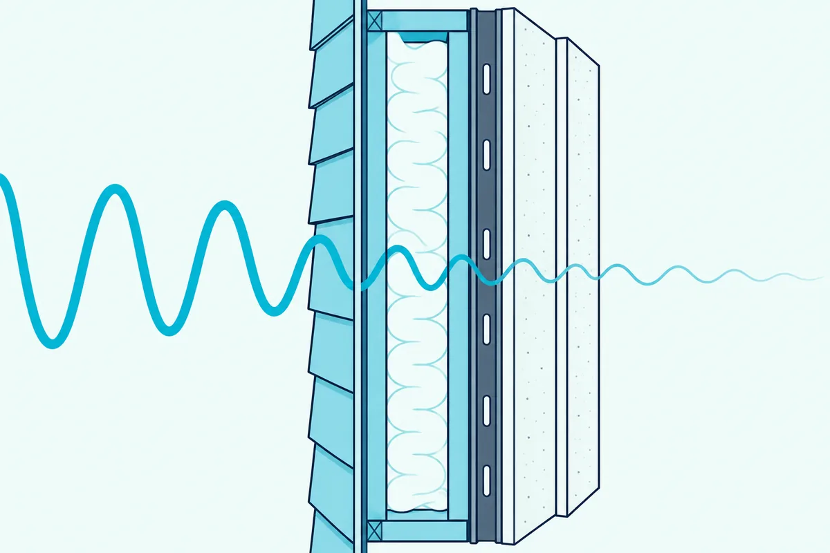 A cross-section of a shed wall with siding, studs, wool, a channel and two layers of drywall, sound weakening at each layer