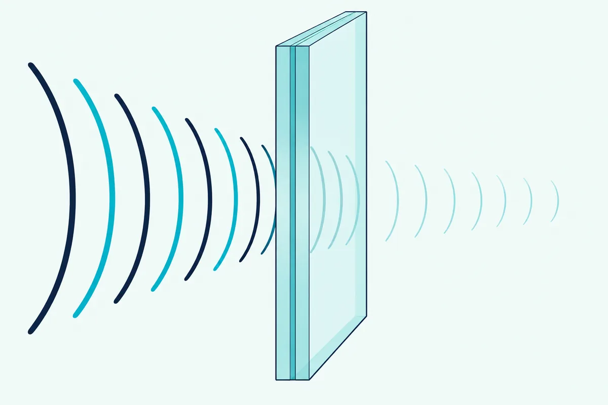 A cross-section of laminated glass with a thin sheet between two layers and sound-wave lines fading