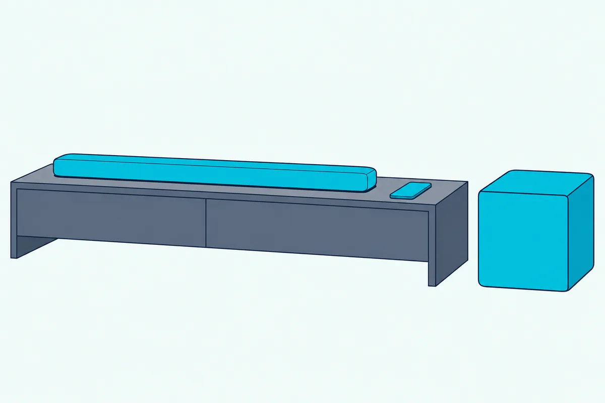 Box subwoofer on the floor beside a TV console with a phone lying face down on the console