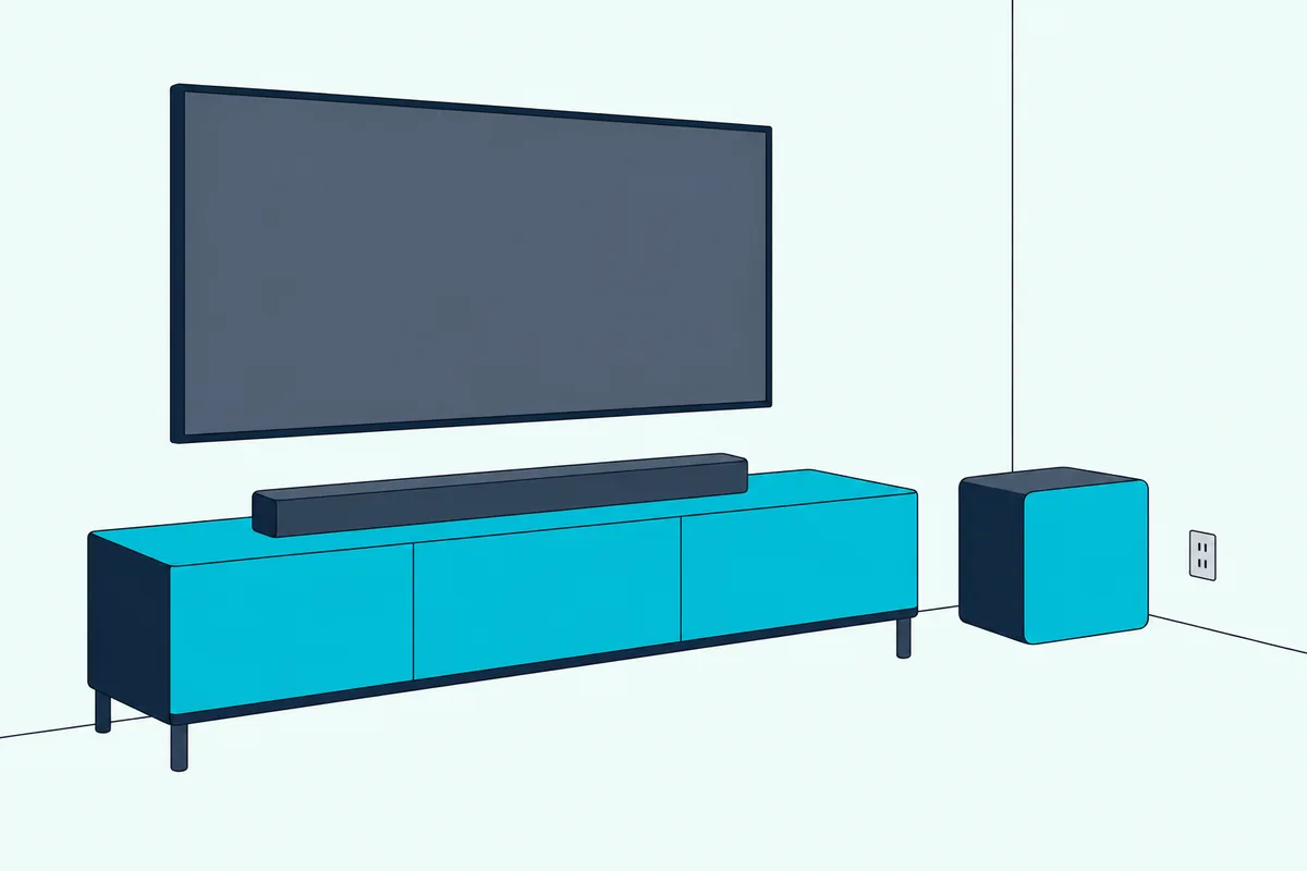 Box subwoofer on the floor near a room corner beside a low TV console and soundbar