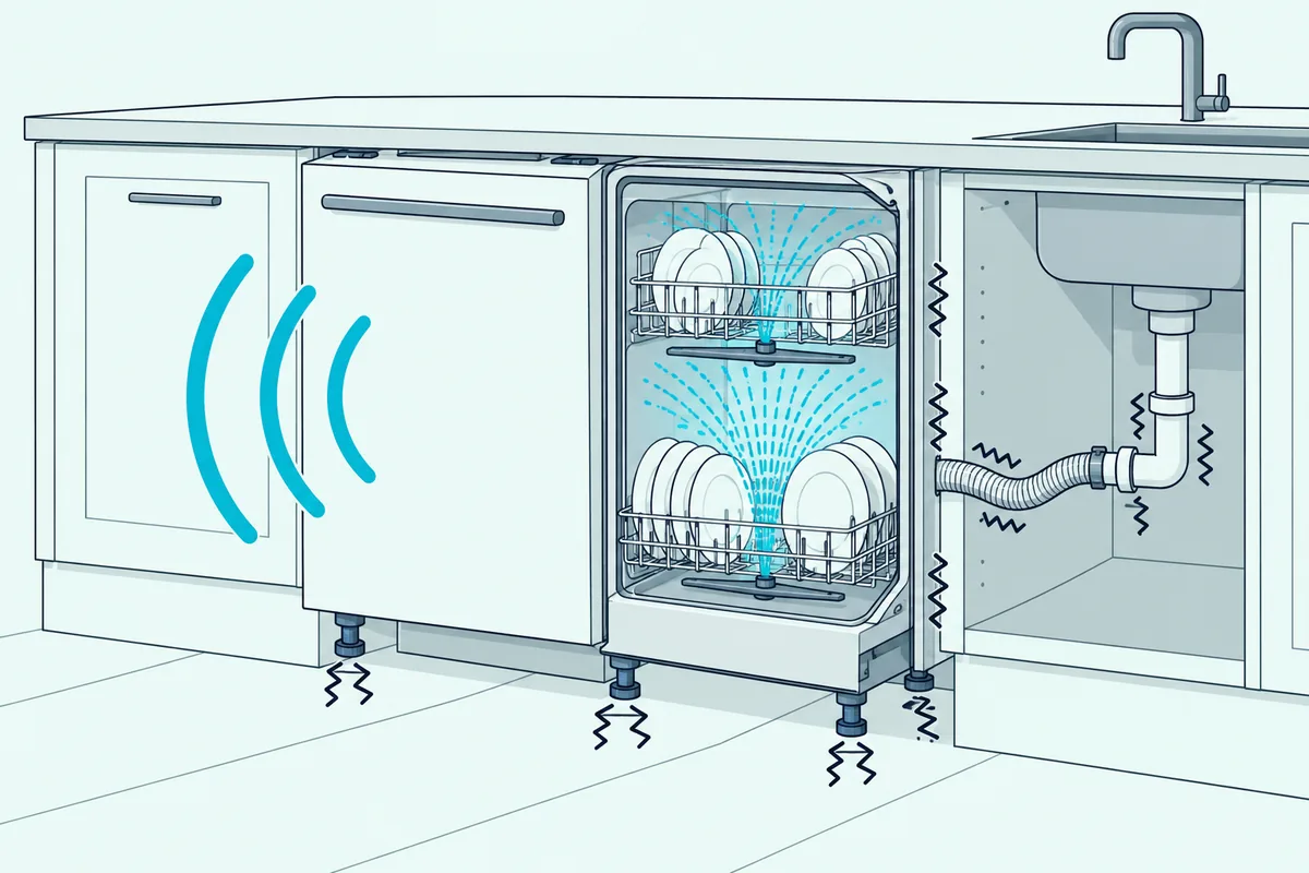 Cutaway built-in dishwasher under a counter with spray arms, sound from its door and vibration into the floor and pipes