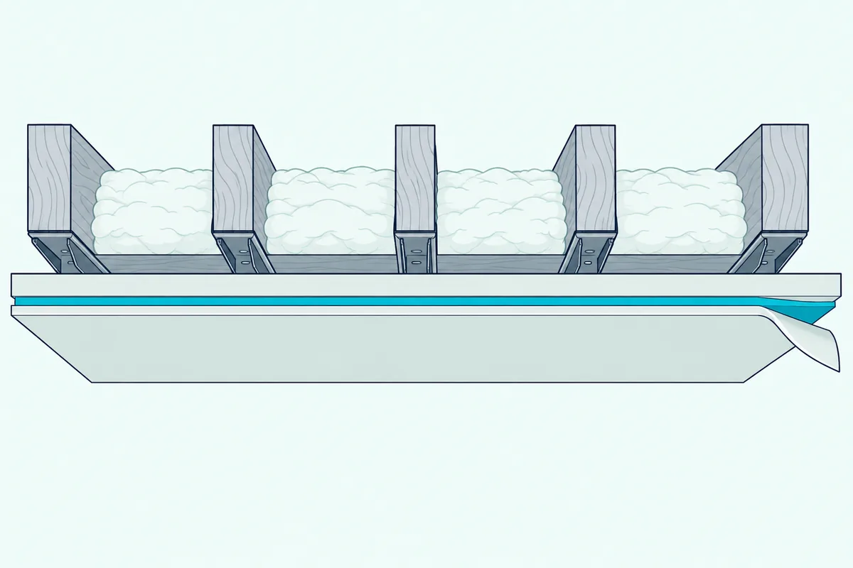 Cutaway of a ceiling with two drywall sheets and a thin damping layer between them, hung on channels below wood joists