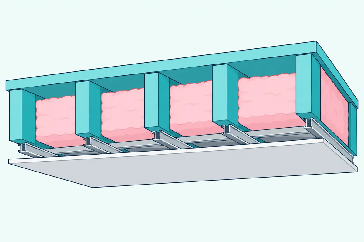 Cutaway of a floor-ceiling with insulation batts between wood joists and drywall hung below on thin metal channels
