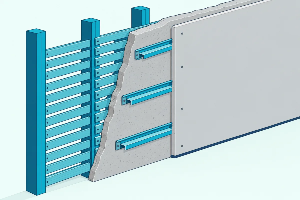 Cutaway of a lath-and-plaster wall with metal resilient channels and a new gypsum board layer added over it