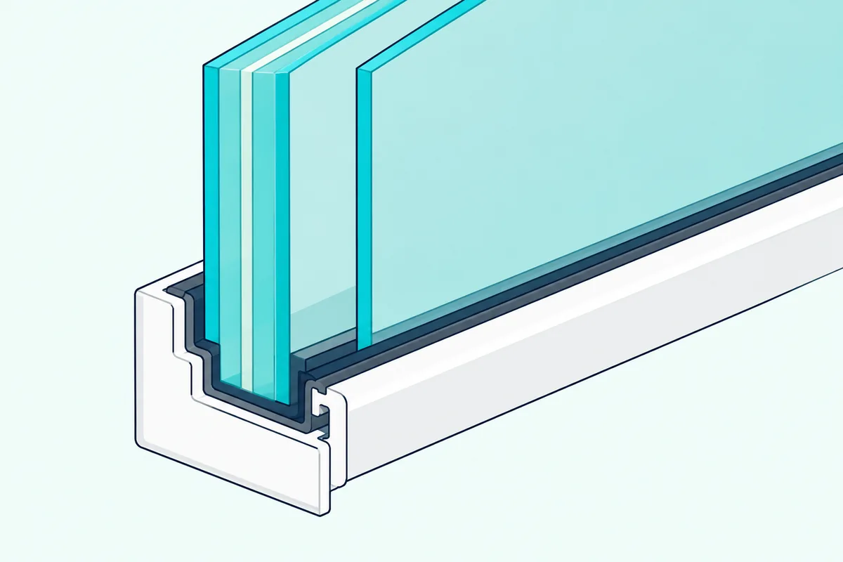 Cutaway of a replacement window frame holding a thick laminated pane and a thinner plain pane on a narrow air space
