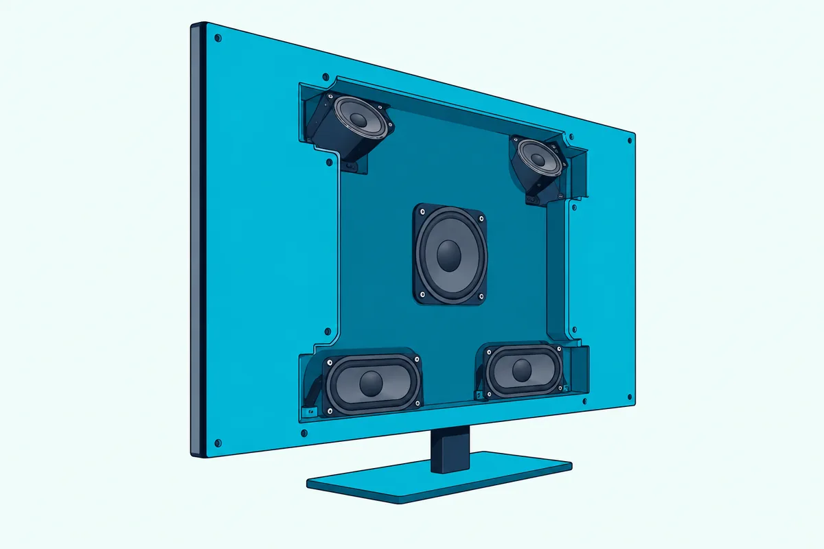 Cutaway of a thin TV showing a small woofer at the back and two small speakers angled up from its top edge