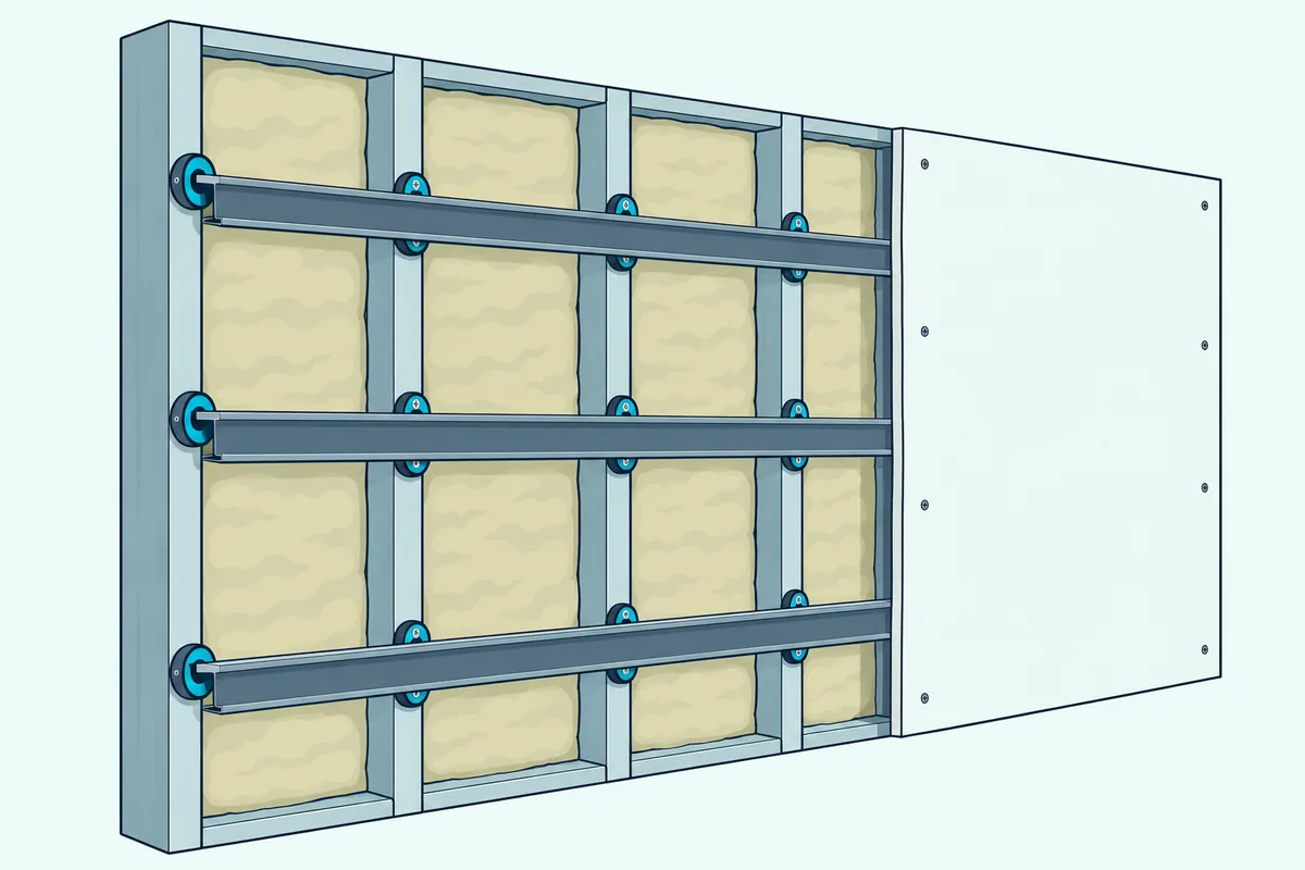 Cutaway of a wall with new drywall on hat channel held by isolation clips, and mineral wool in the stud bays