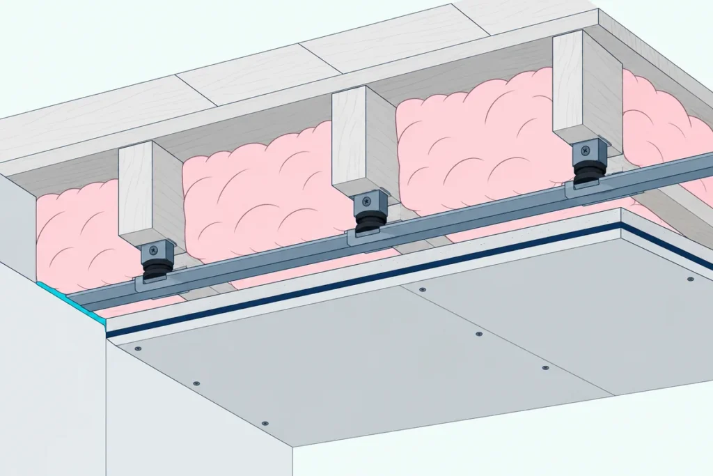 Cutaway of a wood joist ceiling with insulation, isolation clips, metal channel and two drywall sheets with a damping layer