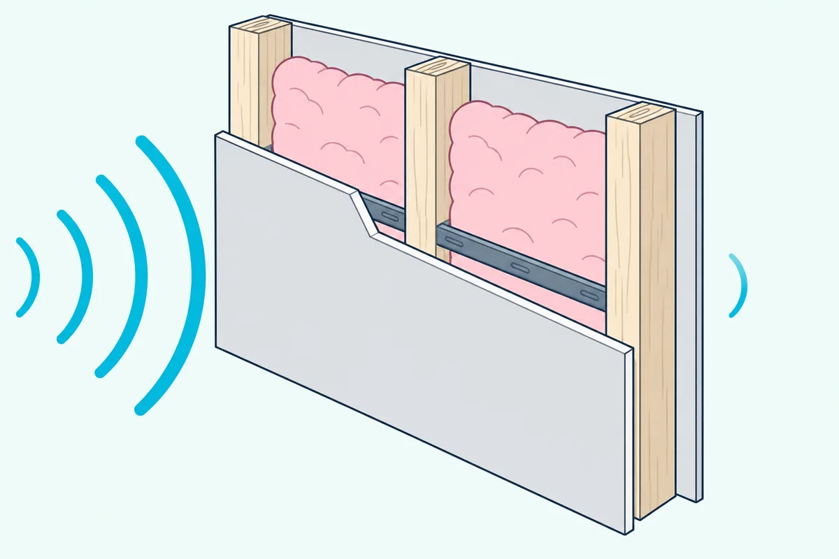 Cutaway of a wood stud wall with insulation, a resilient channel and drywall on both faces