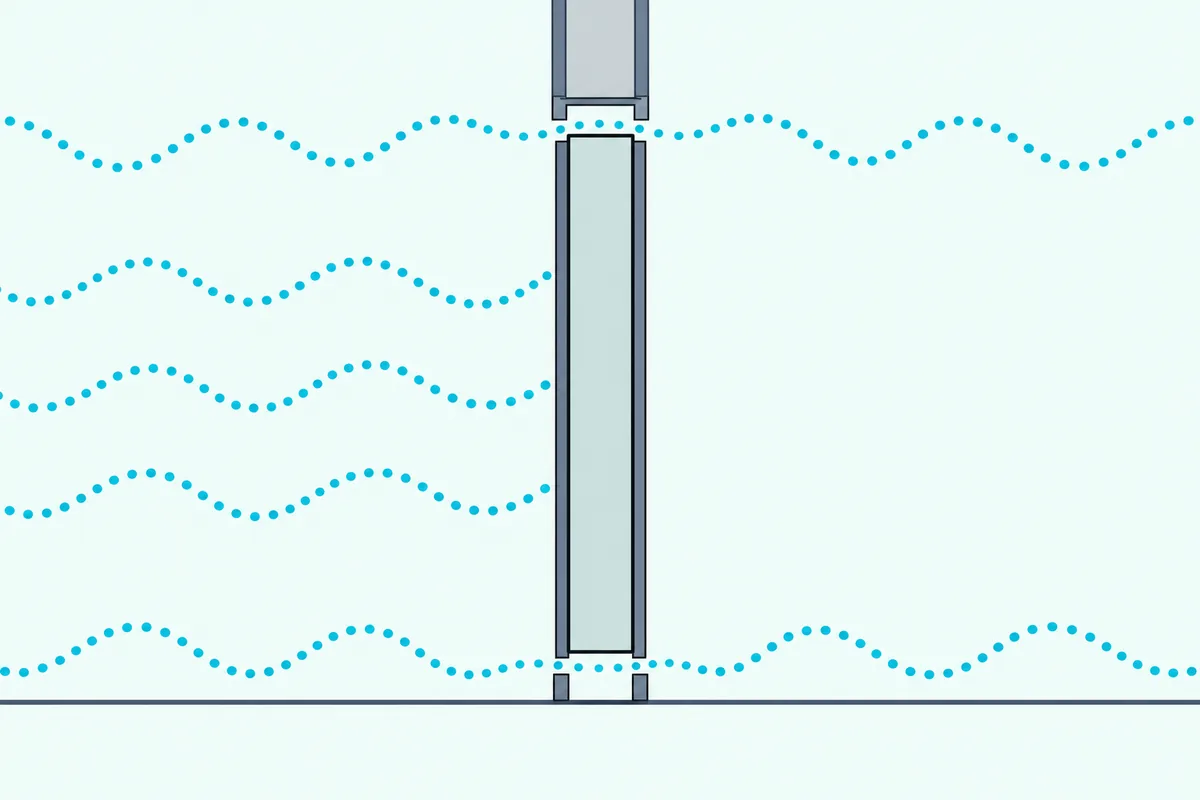 Cutaway of a closed apartment entry door with dotted sound lines passing through the gaps at its top and bottom